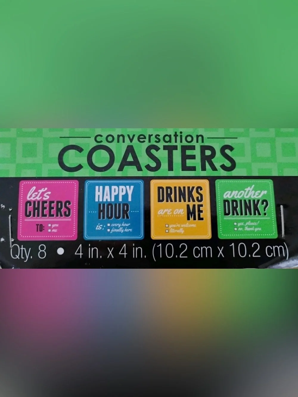 Conversation Coasters ~ Set of 8 Drinking/Party Theme Neon Colors Fun Game NWOT